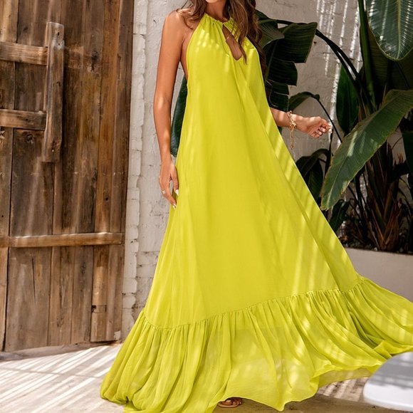 Tie Backless Halter maxi Dress lime - Picture 3 of 9